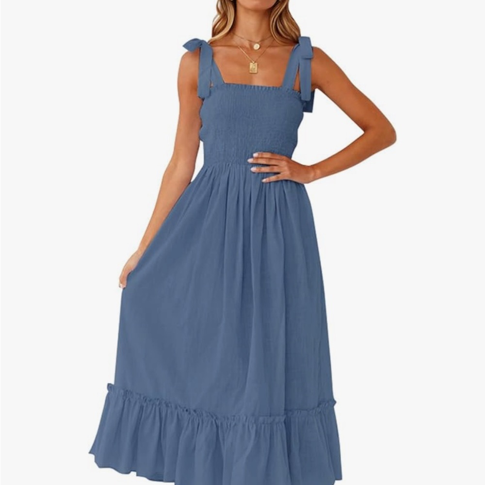 Chic Blue Midi Dress with Bow Straps